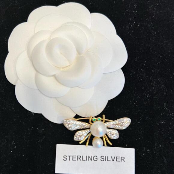 NEW Sterling Silver and Gold Bee Brooch with Gems & Pearls (BBXX006) - Picture 2 of 3